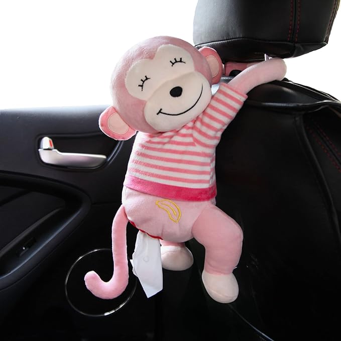Elephant Tissue Box Cover Plush Tissue Box Holder for Car, Home, Decorative Holder/Organizer for Bathroom Vanity Countertop, Nightstands, Office Desk-Pink Monkey