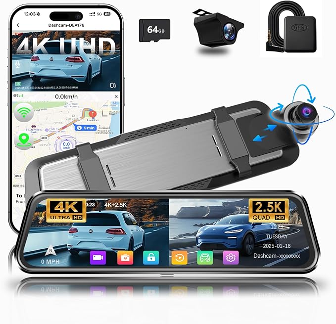 Mirror Dash Cam 4K Front and 2.5K Rear, IMX415 Rearview Mirror Camera for Cars, 5.8GHz WiFi, WDR, G-Sensor, Night Vision, Reverse Assist, Included 64GB Card