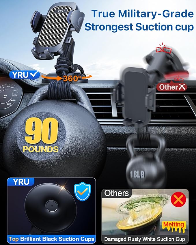 Military-Grade Anti-Shake & 360° Rotatable Suction 2026 Upgraded Car Phone Holder Mount 90+LBS Safest Strongest & Patent Certs Dashboard Windshield Vent for iPhone 17 16 Pro Max Samsung,Gloss Black