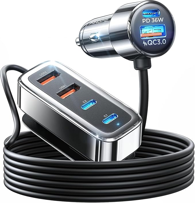 AINOPE 108W Multiple Ports Car Charger, Road Trip Essentials for Kids, Travel Essentials for Long Trips, 6-Port USB C Cigarette Lighter Adapter Fast Charging for iPhone 17 16 15 for iPad [+5FT Cable]