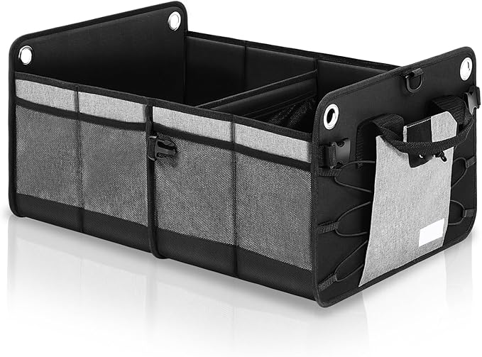 Auto Dynasty Collapsible Car Trunk Organizer, Grey Foldable Cargo Storage Container with Water Resistant Fabric for Car Accessories, SUV, Van, Tools, 2 Compartments