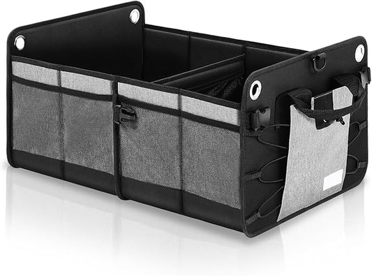 Auto Dynasty Collapsible Car Trunk Organizer, Grey Foldable Cargo Storage Container with Water Resistant Fabric for Car Accessories, SUV, Van, Tools, 2 Compartments