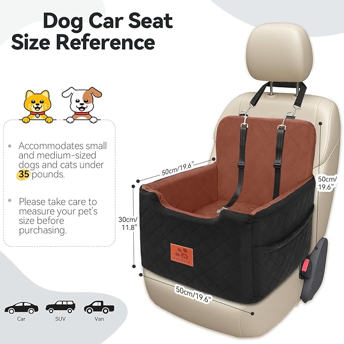 GL GLENSLAVE Dog Car Seat for Small/Medium Dogs Under 35lbs,Memory Foam Dog Booster Seats,Detachable and Washable Traval Pet Car Seat, Dogs Bed with 2 Safety Belts(Balck/Brown)