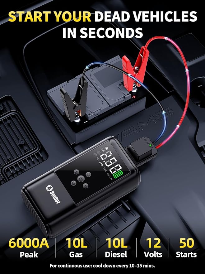 6000A Jump Starter with Air Compressor Battery Jumper Starter Portable 10-in-1 Car Jump Starter Portable 12V Jump Box with 160PSI Tire Inflator LED Light and Jumper Cables (10L Diesel All Cars)