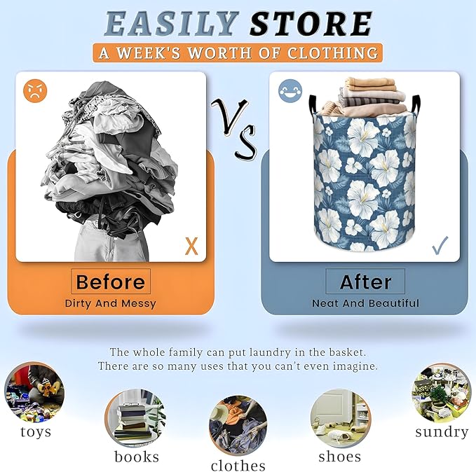 Elegant Blue Beige Flowers Watercolor Art Laundry Basket with Handles, 19.7"x15.7" Clothes Foldable Laundry Hamper Organizer for Dorm Nursery Bedroom Bathroom Decor, Toy Storage Bin for Kids