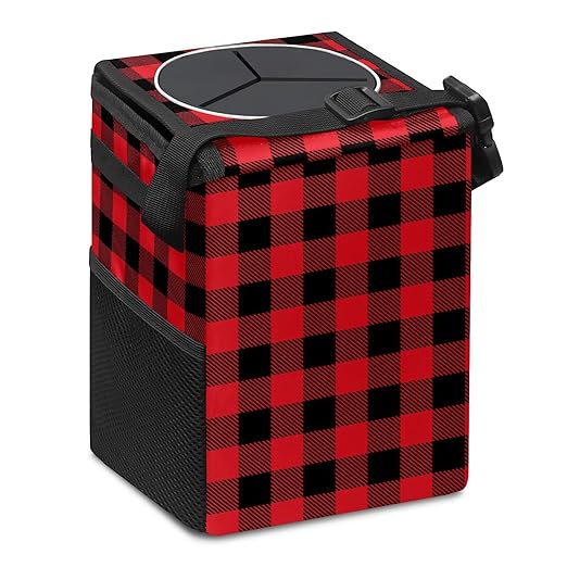 Red and Black Buffalo PlaidCar Trash Can with Lid Collapsible Reusable Waterproof Car Garage Bag,Automotive Garbage Can,Car Accessories Interior Car Organizer