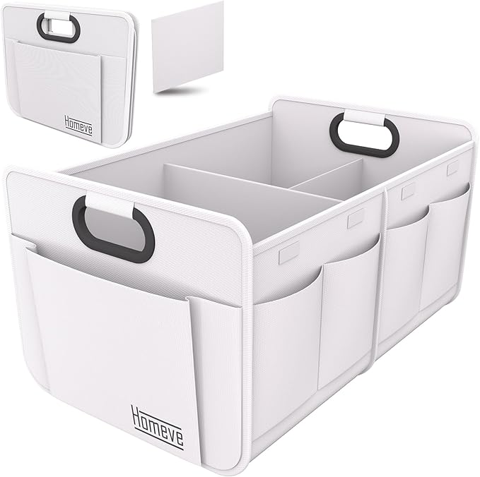 Homeve Trunk Organizer, Car Storage, Reinforced Handles, Collapsible Multi-Compartment, Foldable, Waterproof, Sturdy, 600D Oxford Polyester For Car, SUV, Mini-Van, White, 2 Compart