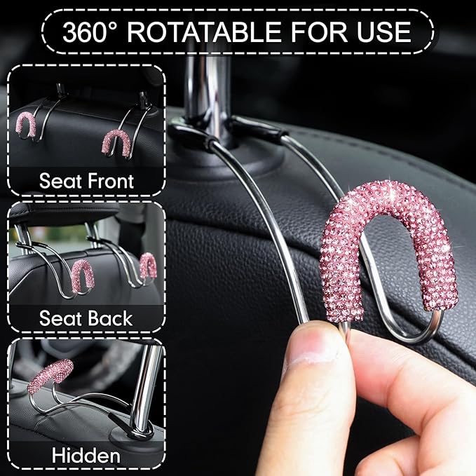 Soleebee 2 Pack Bling Car Headrest Hooks Crystal Rhinestones Universal Car Seat Hook Auto Hook Durable Car Back Seat Hangers Storage Organizer (Pink)