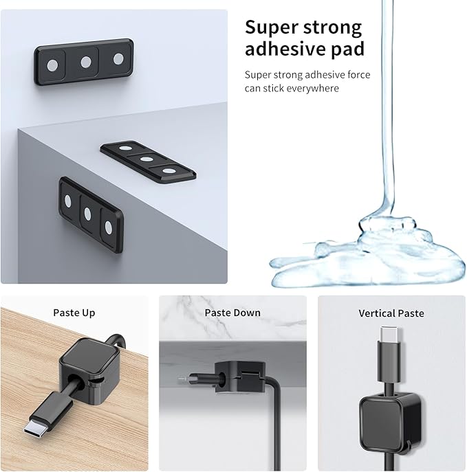 Magnetic Cable Organizer for Desk – Upgraded Wire Clips with Adhesive Base – Desktop Cord Holder for USB, Charging Cables – 6 Clips + 1 Magnetic Base (Black)