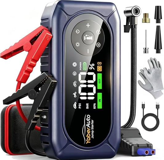 YaberAuto 9-in-1 Car Jump Starter with Air Compressor 4500A 150PSI, Battery Jumper Starter Portable for 9L Gas/8L Diesel, Jump Box with Auto-Shutoff Tire Inflator, Safety Jumper Cables, Gloves, Lights