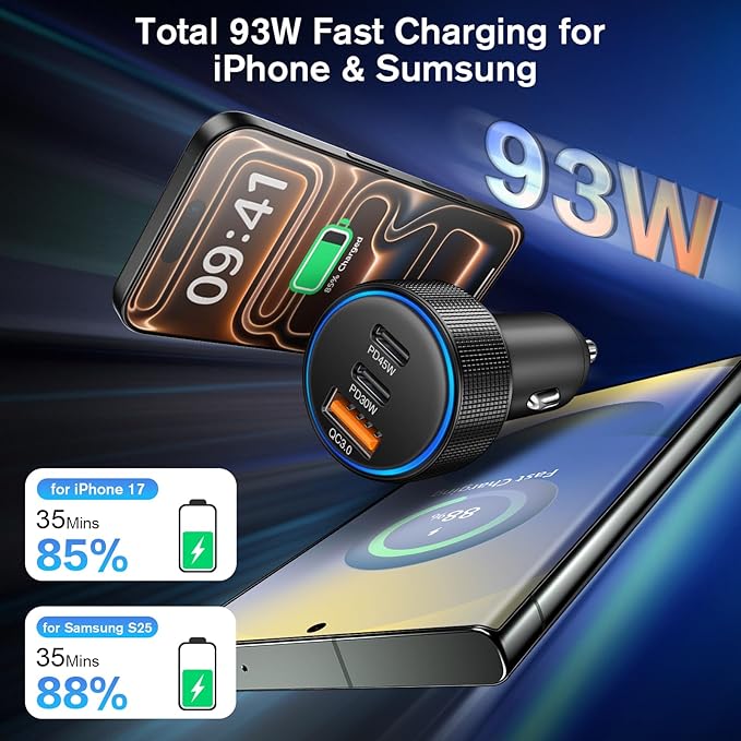USB C Car Charger 5Pack, 3-Port 93W Dual PD USB-C & USB-A Fast Charging Cigarette Lighter USB Charger for Samsung S25 S24, Car Phone Adapter Accessories for iPhone 17/Air/16/15 Pro Max, Pixel