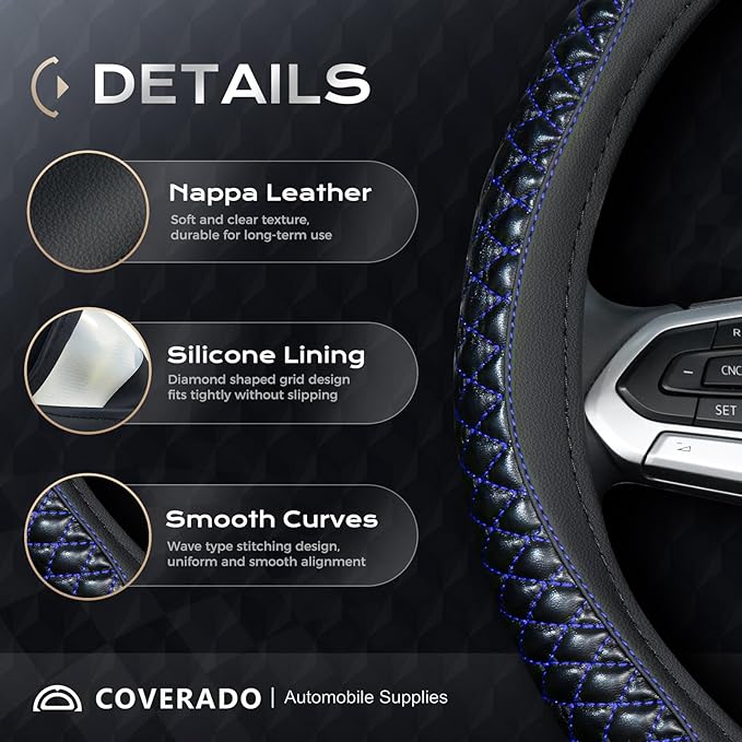 Coverado Car Steering Wheel Cover, Nappa Leather Black & Blueline Steering Wheel Covers, Universal 14-15 inch, Anti-Slip, Breathable Steering Wheel Protector for Women Men