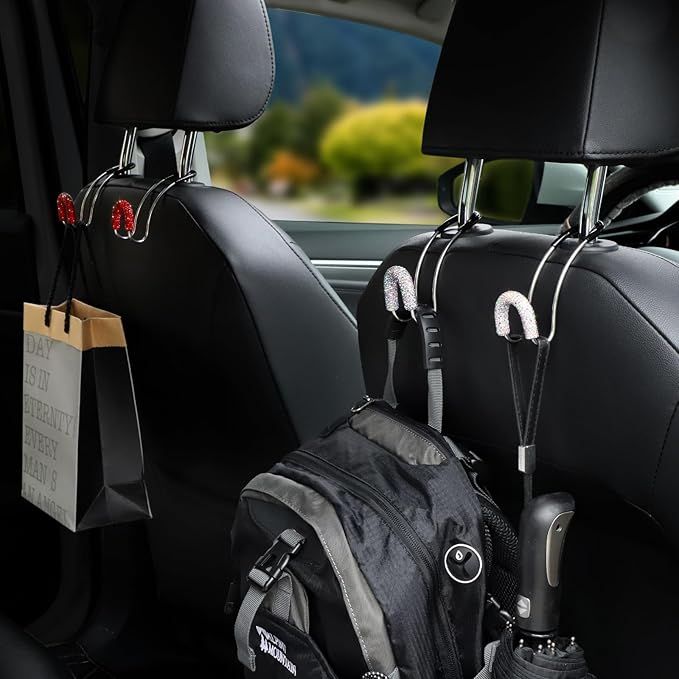Soleebee 2 Pack Bling Car Headrest Hooks Crystal Rhinestones Universal Car Seat Hook Auto Hook Durable Car Back Seat Hangers Storage Organizer (AB Color)
