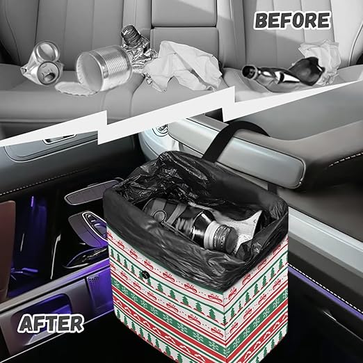 Car Trash Can Hanging Trash Bin Leak-Proof Collapsible Car Garbage Bag, Car Accessories 2 Gal Large Capacity Multipurpose Storage Container, Ugly Christmas Pattern