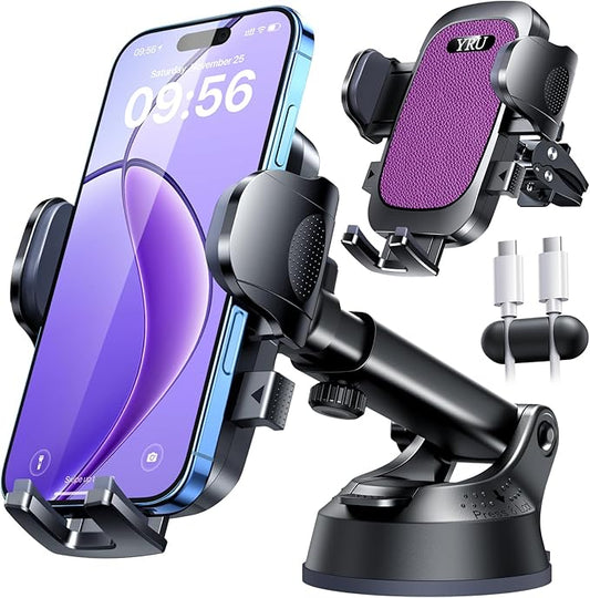 YRU [True Upgrade for Safety] Car Phone Holder Mount [Patent & Military-Grade] Dashboard Cell Phone Holder for Car Vent Windshield Phone Stand for iPhone 17 16 15 14 13 Pro Max Truck Samsung, Purple