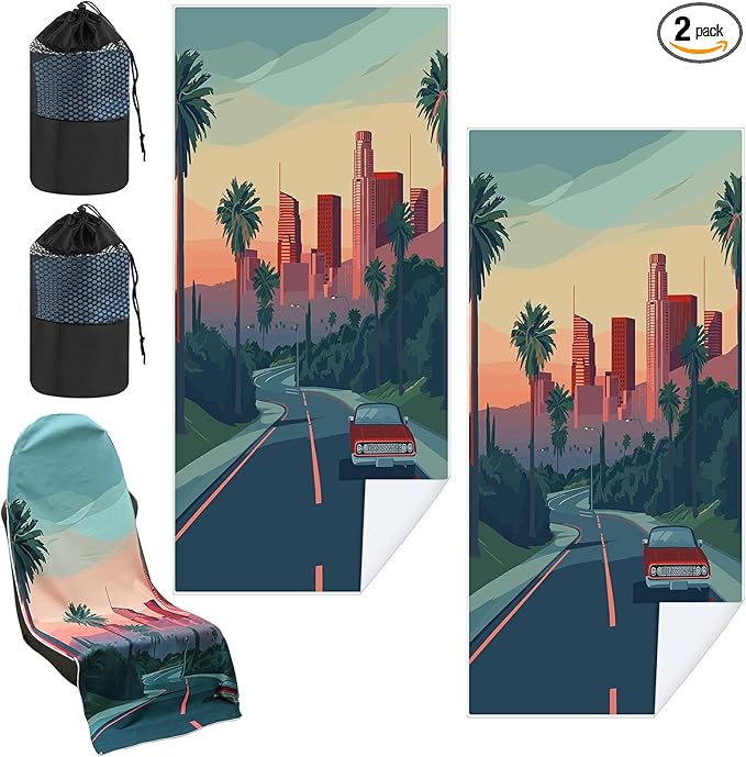 Hahafelt 2 Pack Car Seat Towel Covers with Storage Bag 63 x 32 Inch Athletic Running Towel Seat Sweat Washable Non Slip Cover Gift for Car Outdoor Sport Activities (Los Angeles Street Scene)
