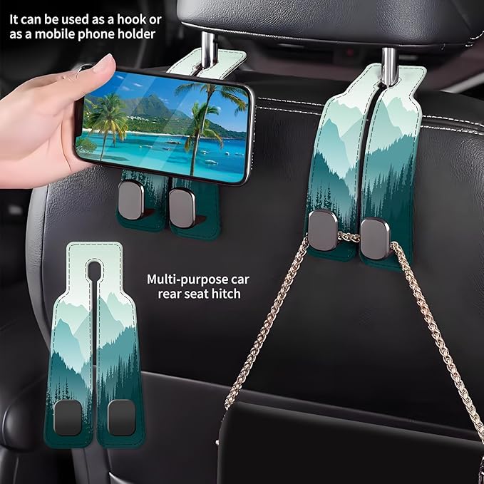 Car Seat Back Storage Headrest Hook, Premium Leather Double Metal Hook, Hanger Storage Organizer for Purse Cloth Bag, Car Interior Accessories Beautiful Blue Mountain