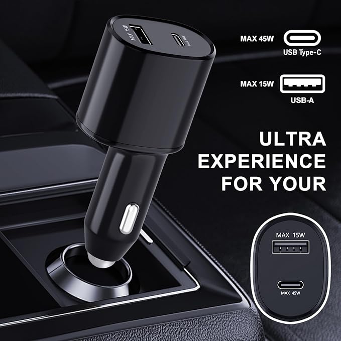 Super Fast Dual Car Charger (45W+15W) Dual Ports USB-C & USB-A White 6.6ft Cable for Samsung S25 S24 S23 S22- Black
