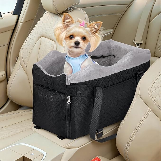 SlowTon Console Dog Car Seat - Portable Center Dog Car Seat for Small Dogs up to 9 lbs, Washable Pet Carseat with Soft Cushion Safe Protection Hooks & Storage Pocket, Black