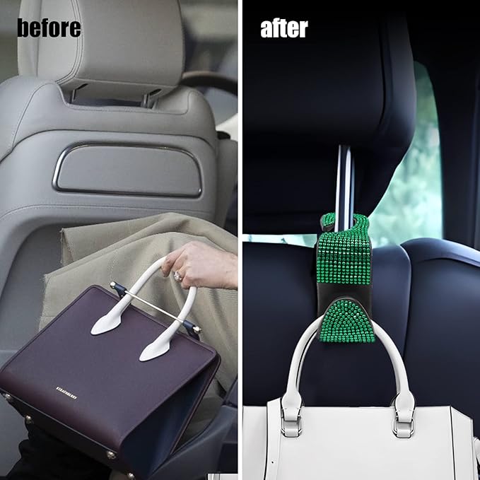 OSIFIT 2PCS Car Seat Hooks, Bling Car Rhinestone Headrest Hooks, Universal Bling Car Interior Accessories, for Handbag, Clothes, Purse, Water Bottle (Green)