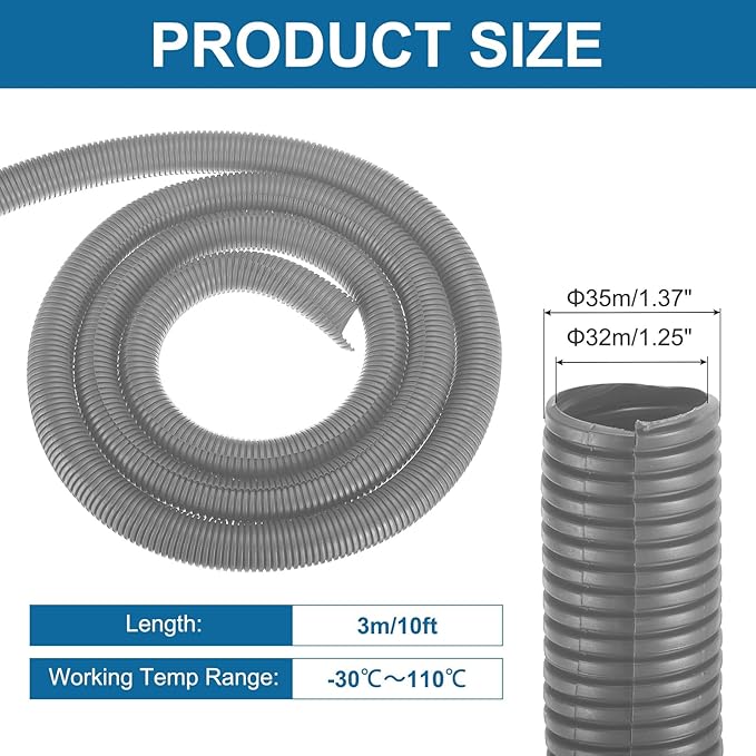 MECCANIXITY 1 1/4 Inch 10ft Split Wire Loom Tubing, Flexible Cord Protectors with Installation Tool Cable Management Sleeve Conduits Cover for Office Home Electrical Automotive Wires, Gray
