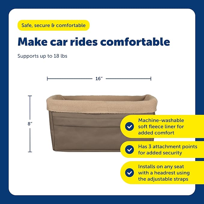 PetSafe Happy Ride Booster Seat for Dogs - Open Road Comfort - Safe Tether System - Zipper Pouch Dog Seat - Machine Washable Fleece Liner - Easy Install Design - Brown - Up to 18 lb