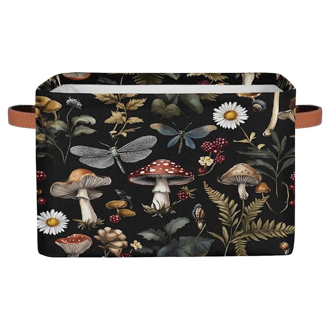 Mushrooms Daisies Storage Baskets for Organizing, Fabric Collapsible Storage Bins Box Forest Plants Decorative Toy Organizer Baskets for Closet Shelves Gift Basket 1 Pc
