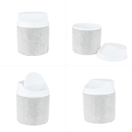 KEYPOWER Bling Rhinestone Mini Plastic Trash Can Cute Small Waste Can with Swing Lid,Suitable for Home Countertop,Car,Table Desk,Office (White)