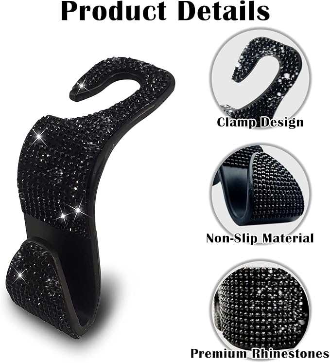 OSIFIT 2PCS Car Seat Hooks - Bling Rhinestone Headrest Hooks with Universal Design - Perfect for Holding Handbags, Clothes, Purses, and Water Bottles - Black