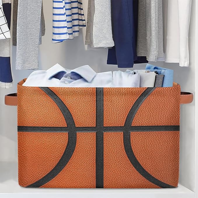 Basketball Texture Storage Baskets for Organizing, Fabric Collapsible Storage Bins Box Sport Pattern Decorative Toy Organizer Baskets for Closet Shelves Gift Basket 2Pcs