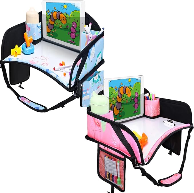 2PCS Kids Travel Tray, Car Seat Tray for kids Travel, Toddler Road Trip Essentials With Drawing Kit, Toddler Lap Desk Organizer for Car, Carseat Table for Airplane
