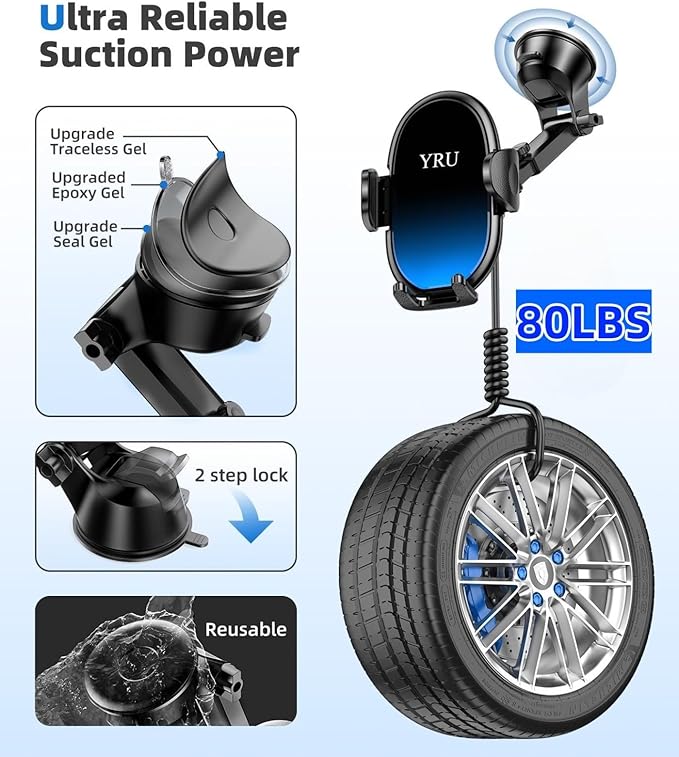 YRU [2025 Upgraded Universal Car Phone Holder Mount【360°Rotatable & Strong Suction】 Cell Phone Car Dashboard Windshield Phone Holder Dash Vent Stand for iPhone 17 16 Pro Max Samsung Truck, Dark Blue