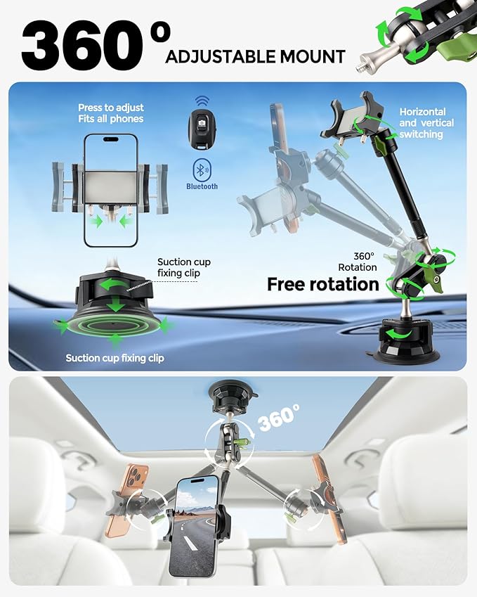 leepiya Phone Mount for car, 360° Adjustable Dashboard Windshield Car Phone Holder Mount, Ultra-Durable Metal,car Mount for Camera vlogging, Car Phone Mount for iPhone Samsung All Smartphones