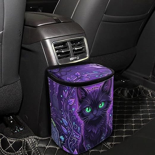 Talayituse Purple Cat Forest Leaf Print Car Trash Can Portable Auto Garbage Bin Multifunctional Vehicle Interior Accessories with Adjustable Straps Universal Fit Truck SUV Sedan