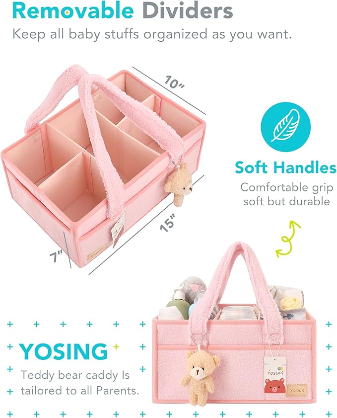 YOSING Cute and Playful Pink Diaper Caddy Organizer, 13 Compartments, Adjustable, Baby Diaper Caddy for Car, Changing Table, Nursery Storage, Car Organizer for Diapers and Baby Wipes