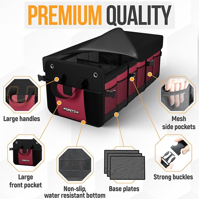 FORTEM Trunk Organizer with Cooler For SUV Car Organizer and Storage, Collapsible Multi-Compartment, Perfect Christmas Gifts For Men, Women, 1680D Oxford, Non Slip Bottom, Straps, Soft Cover 110L