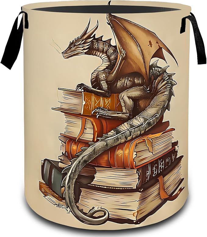 Vintage Dragon Book Fantasy Laundry Basket, Dirty Collapsible Clothes Toy Organizer Hamper for Kids Adults, Oxford Cloth Waterproof Storage Bin for Bathroom Mythical Decor Gifts, 19.7"X15.7"