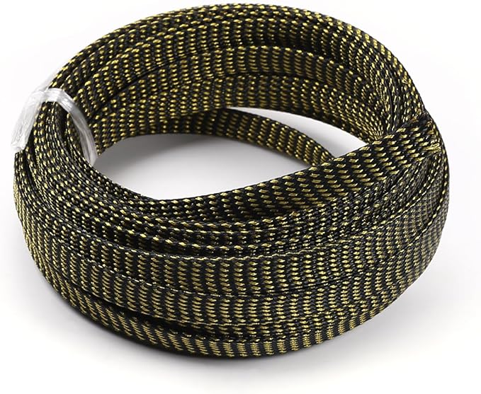 Aicosineg 32.81ft PET Flexible Braided Cable Sleeve 0.44inch Width Wire Loom Sleeving and Organizer Flexible Wire Mesh Sleeve Wrap Protector for TV Audio PC Cords from Pets Chewing Black and Gold