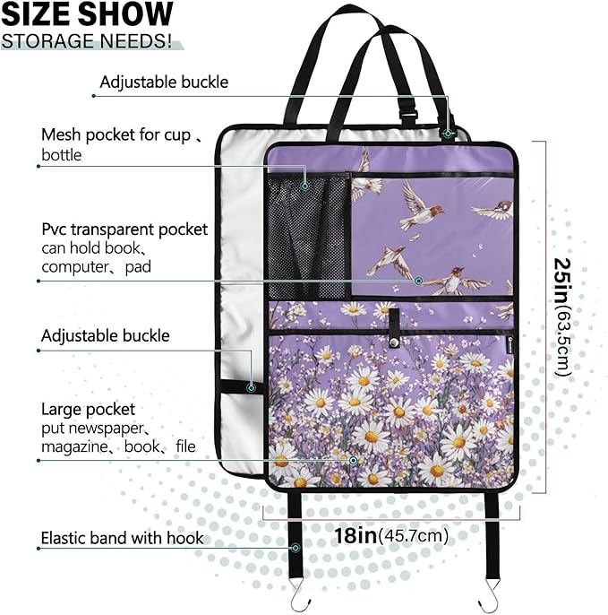 Purple Daisy Flowers and Flying Birds 2 Pack Backseat Car Organizer with Storage Pockets Seat Back Organizers for Kids Kick Mats Backseat Protector Automotive