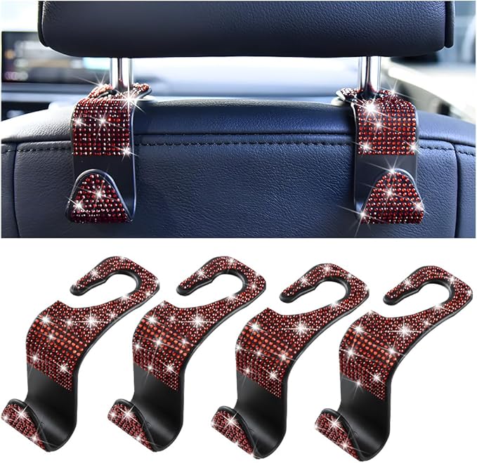 Mandark 4PCS Bling Car Seat Headrest Hooks, Crystal Rhinestone Vehicle Seat Back Hanger for Grocery Purses Handbags, Diamond Auto Seatback Storage Organizer Hanger, Universal for Most Cars (Red)