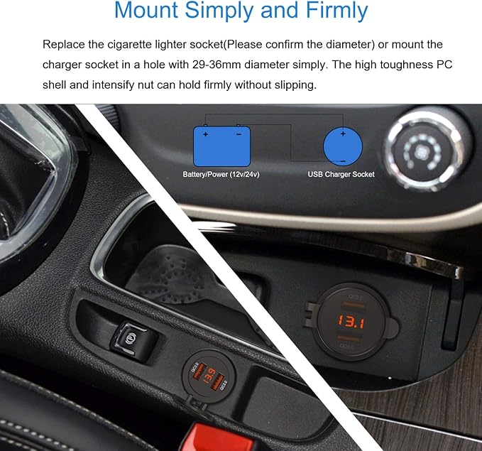 Dual QC3.0 USB Charger Socket with Voltmeter, 36W Waterproof Quick Charge 3.0 Power Outlet Adapter with Voltage Meter for 12V/24V Car Boat Marine ATV RV Campers Tractors Truck Golf-Cart