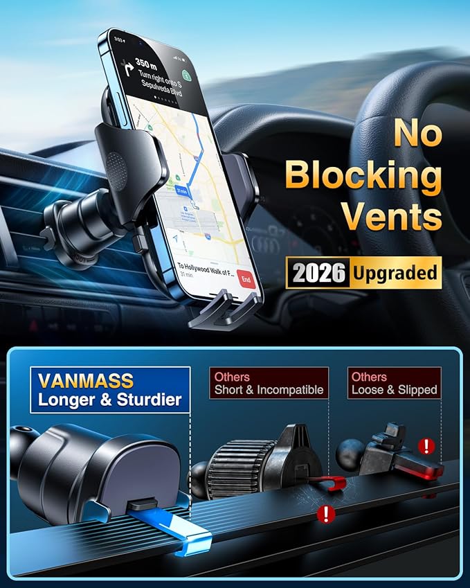 VANMASS Car Phone Holder [Upgraded Strongest Suction & Clip] Cell Phone Mount for Dashboard Windshield Vent Wall,Truck Cradle Stand for iPhone 17 Pro Max 16 15 14 13 12 11 SE Samsung S26 Android,Black