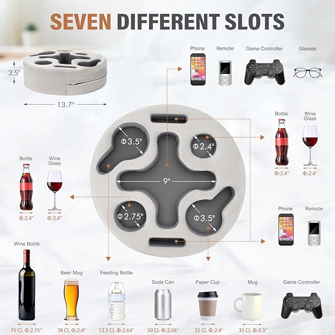 Couch Cup Holder-Sofa Cup Holder Pillow | Couch Caddy Buddy | Drinks Cupholder Tray Organizer for Bed, Rv, Tv, Car, Man Cave, Boat, Remote, Snacks| Gift for Couch Potato,Newborns' Partent (SilverGrey)