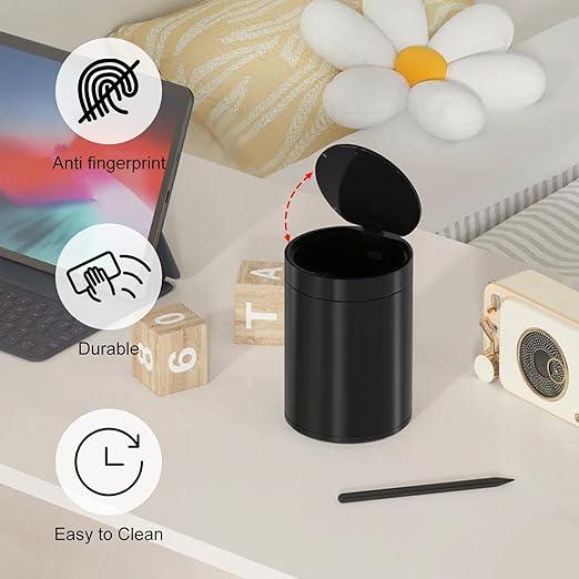 Mini Trash Can for Desk with Pop Up Lid,1.5L Metal Tiny Trash Can for Desk, 0.4 Gal Stainless Steel mini Desk Trash can with Lid，Small Counter Garbage Bin with 1 Roll Bags for Bathroom,Office(Black)