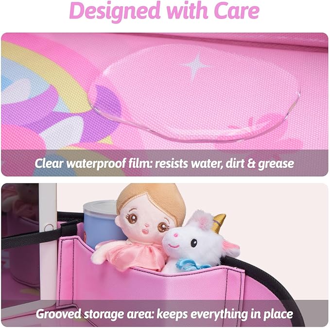 OUOZZZ Kids Travel Tray for Car - Girl's Safety Seat Table, Toddler Road Trip Essentials - Carseat/Airplane Lap Desk with Weight-Relief Strap, Non-Skid Silicone Base, Waterproof Dining/Craft Mat