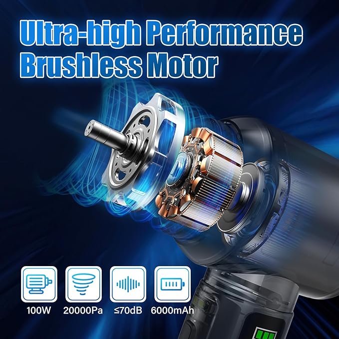 WUDOO 4-in-1 Car Vacuum Cleaner Portable Cordless Dust Remover 20,000 Pa Brushless Motor Powerful Handheld Wireless Charging Vacuum Cleaner LED Light, Multi-Nozzles for Car, Home, Office, Pet