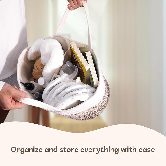 luxury little Diaper Caddy Organizer, Large Cotton Rope Nursery Baby Basket, Changing Table Organizer for Baby Diaper Storage, Portable Car Organizer Removable Divider (Gradient Brown, Large)