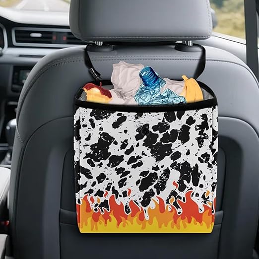 2 Gallons Open-Top Car Trash Can Hanging Car Trash Bag Water Resistant Leakproof Trash Bag Car Accessories for Women Men, Cow Spot Fire Pattern
