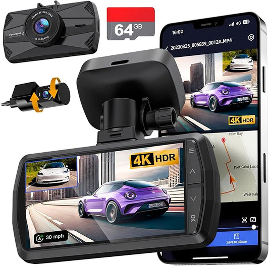 4K Dash Cam Front and Rear, Built-in WiFi GPS, 3" IPS Screen, HDR Night Vision Dash Camera for Cars, G-Sensor App Control, Emergency Lock, Accident Record, Parking Mode, Support 512GB Max