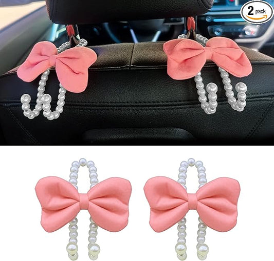 2 PCS Elegant Pearl Car Seat Headrest Hook, Cute Car Seat Hook Hanger Storage Organizer for Handbag Purse, Interior Decoration Headrest Hanger for Women (2PCS Pink Bow)
